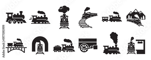Collection of various black steam train icons and railway elements, including engines, tracks, and tunnels, presented in a clean graphic style