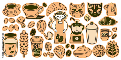 A colorful whimsical illustration of coffee pastries and related items