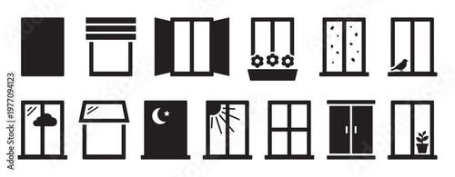 Collection of black and white window icons depicting various styles, weather conditions, and times of day