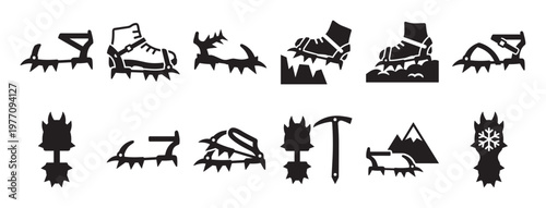 Various black silhouette crampon icons and ice climbing equipment are arranged in two rows on a clean white surface