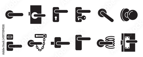 Various black door handle and knob icons are neatly arranged in a grid, showcasing different lock mechanisms and styles