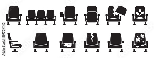 Collection of black silhouette cinema and theater chairs in various conditions and arrangements, presented as icons