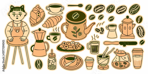 A colorful illustration of coffee related items and a barista character