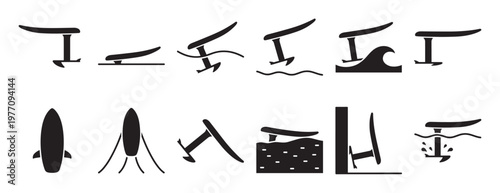 Collection of black silhouette hydrofoil and surfboard icons depicting various water sports activities and equipment