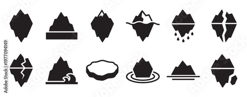 Collection of black silhouette iceberg icons depicting various shapes, melting, and cracking, presented in a clean, graphic style