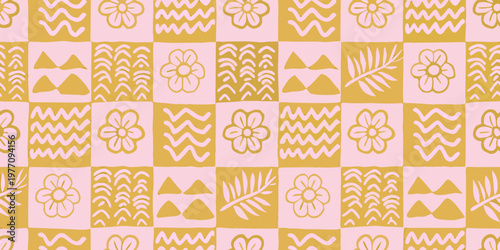 Retro floral and geometric pattern with warm yellow and pink hues