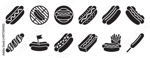 Various black hot dog icons are arranged in two rows, showcasing different styles and toppings in a clean, graphic illustration