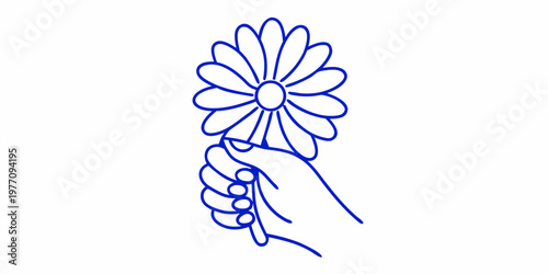 A hand delicately holding a simple blue line art daisy flower