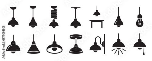 Various black silhouette ceiling lamps and light fixtures are arranged in two rows, showcasing diverse designs and styles