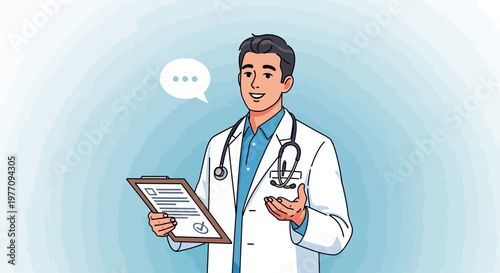 Medical professional, doctor illustration, cartoon physician, stethoscope, clipboard, healthcare worker vector