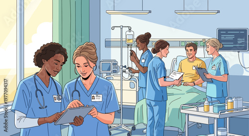 Medical professionals, hospital staff, nurses, doctors, healthcare team, blue scrubs, clinic, patient care, medical setting