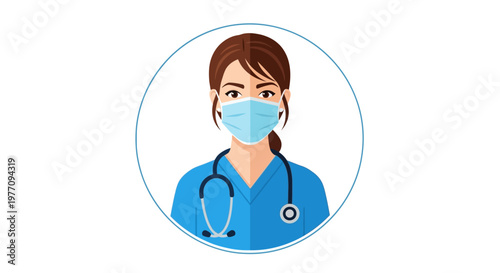 Female doctor, medical professional, healthcare worker, stethoscope, blue scrubs, face mask, vector icon