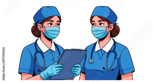 Medical professionals, female nurses, blue scrubs, face masks, stethoscopes, healthcare workers, vector illustration