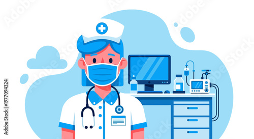 Medical professional, doctor, nurse, healthcare worker, cartoon, vector illustration, blue and white, mask, stethoscope, computer, hospital, clinic, medical office, healthcare, medicine