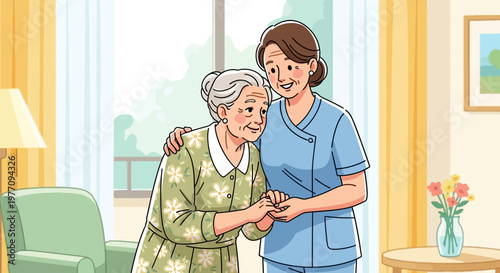 Nursing, caregiver, senior care, healthcare, medical assistance, elderly support, home care, vector illustration