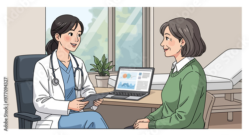 Female doctor, medical consultation, healthcare professional, patient discussion, clinic interior, vector illustration