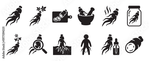 Collection of black silhouette ginseng root icons depicting various forms and uses of the medicinal herb