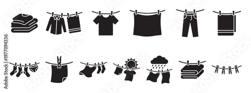Various black laundry icons illustrating different clothing items drying on a line and folded, presented in a clean, graphic style