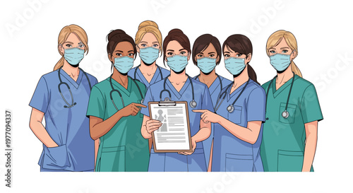 Medical professionals, nurses, wearing face masks, stethoscopes, clipboard, healthcare workers, team