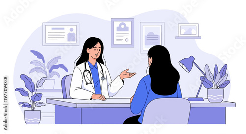 Doctor patient consultation, medical office scene, healthcare professionals, purple color scheme, vector illustration