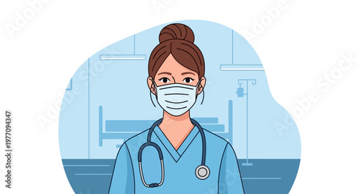 Female doctor, nurse, medical professional, healthcare worker, cartoon vector illustration, blue scrubs, face mask, stethoscope, hospital background