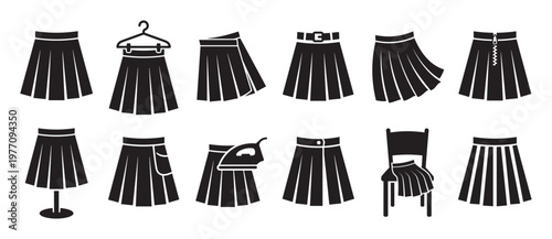 Collection of various pleated skirt icons in black silhouette, depicting different styles and accessories, presented in a clean graphic design