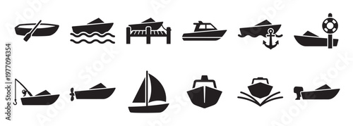Various black silhouette boat and ship icons, including rowboats, sailboats, motorboats, and fishing vessels, presented in a clean, graphic style