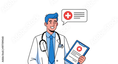 Medical, doctor, cartoon, illustration, healthcare, character, vector, white coat, blue shirt, smiling, speech bubble, clipboard, red cross, symbol, flat design, modern style, medicine