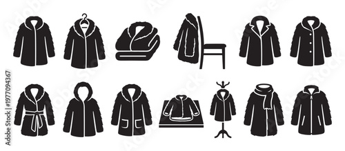 Various black fur coat icons are displayed in a grid, showing different styles and presentations of warm outerwear