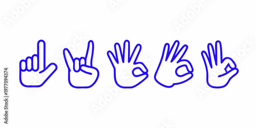 Five blue line drawings depicting different hand gestures