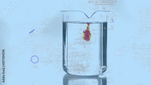 Animation of eye, equations, lines over orange liquid falling in beaker filled with water