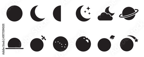 Collection of various black space and celestial body icons, including moons, planets, stars, and satellites, presented in a clean, graphic style