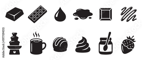 Collection of various black chocolate and cocoa product icons, including bars, drops, a fountain, and a dipped strawberry