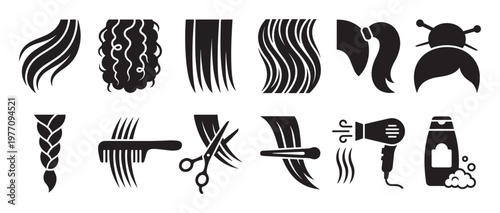 Collection of various black hair styling and care icons, including different textures, tools, and products, presented in a clean, graphic style