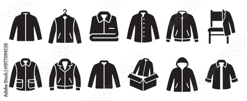 Collection of various black jacket and coat icons, showcasing different styles and presentations in a simple, graphic illustration