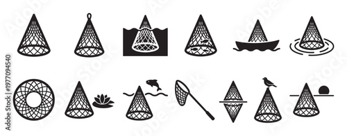 Various black fishing net icons illustrate different uses and scenarios for catching fish in a simple, graphic style