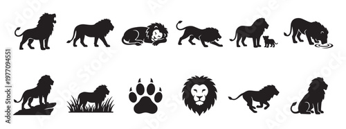 Various black lion silhouettes in different poses and actions, including roaring, walking, sleeping, and drinking, presented as a collection of graphic elements