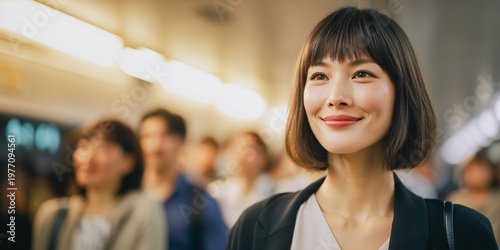 Confident Japanese woman woman and professional smiling during daily commute on subway train. Modern business lifestyle and public transport in the city.