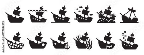 Collection of black silhouette shipwreck icons depicting various stages of sinking and underwater scenes in a graphic style