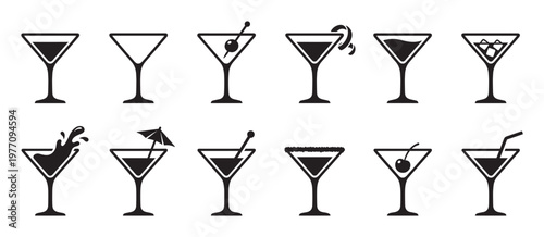 Collection of twelve diverse martini glass icons, featuring various cocktails, garnishes, and liquid levels in a clean, graphic style