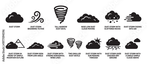 Various black dust storm icons depict different weather phenomena, including dust devils, rising clouds, and storms with sun or mountains, presented in a clean, graphic style