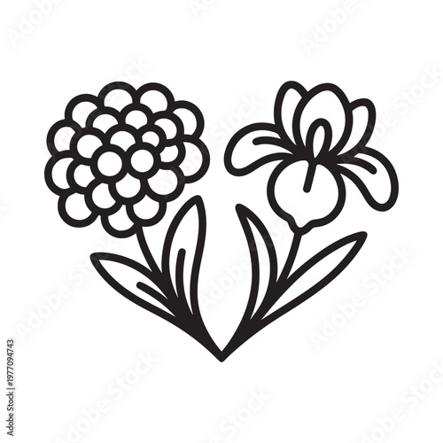 Simple black and white illustration of two blooming flower heads