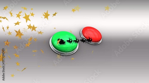 Animation of stars over santa claus in sleigh being pulled by reindeers against red and green button