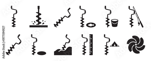 Various black silhouette ice auger icons illustrate different aspects of winter fishing and outdoor activities in a clean, graphic style