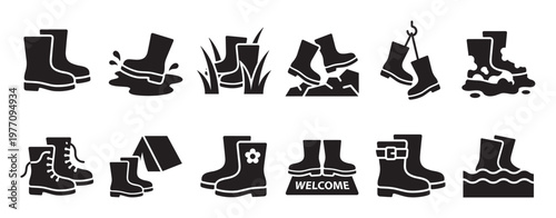 Collection of black silhouette rubber boots icons depicting various outdoor activities and conditions, presented in a clean, graphic style