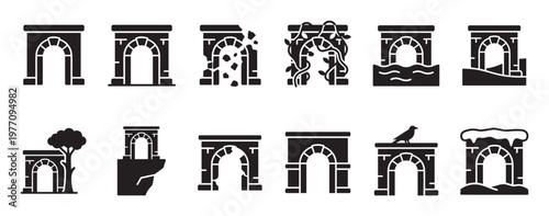 Collection of black silhouette arch icons depicting various states and environments, including crumbling, overgrown, and submerged designs