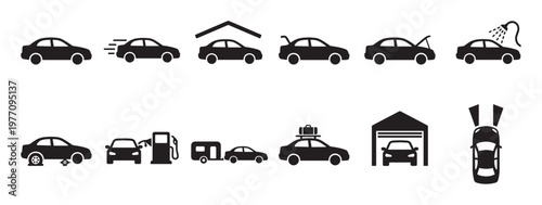 Collection of black car icons depicting various automotive situations including driving, parking, maintenance, and travel