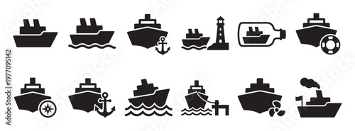 Collection of various simple black ship icons, including cruise ships, cargo vessels, and boats with nautical elements
