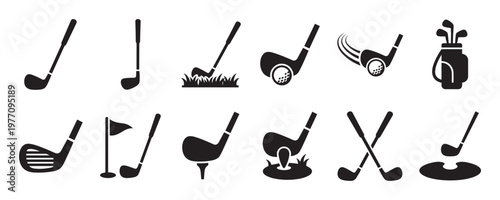 Collection of black golf club and ball icons in various poses, illustrating different aspects of the sport