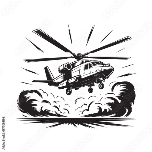 A black and white illustration of a helicopter taking off quickly